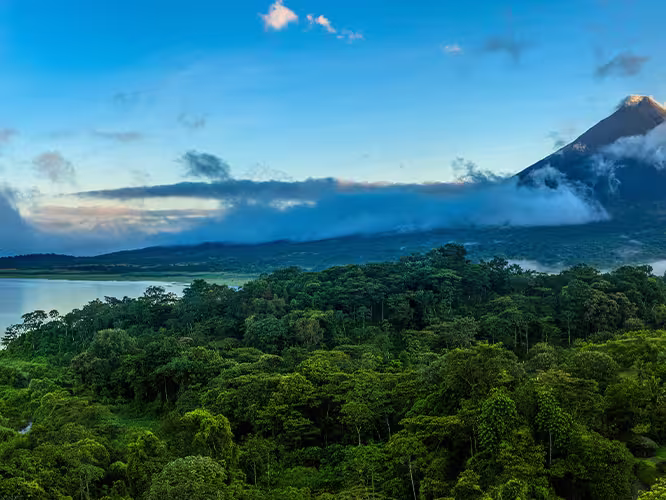 Panoramic view of Arenal Volcano and lake in central Costa Rica