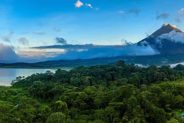 Panoramic view of Arenal Volcano and lake in central Costa Rica
