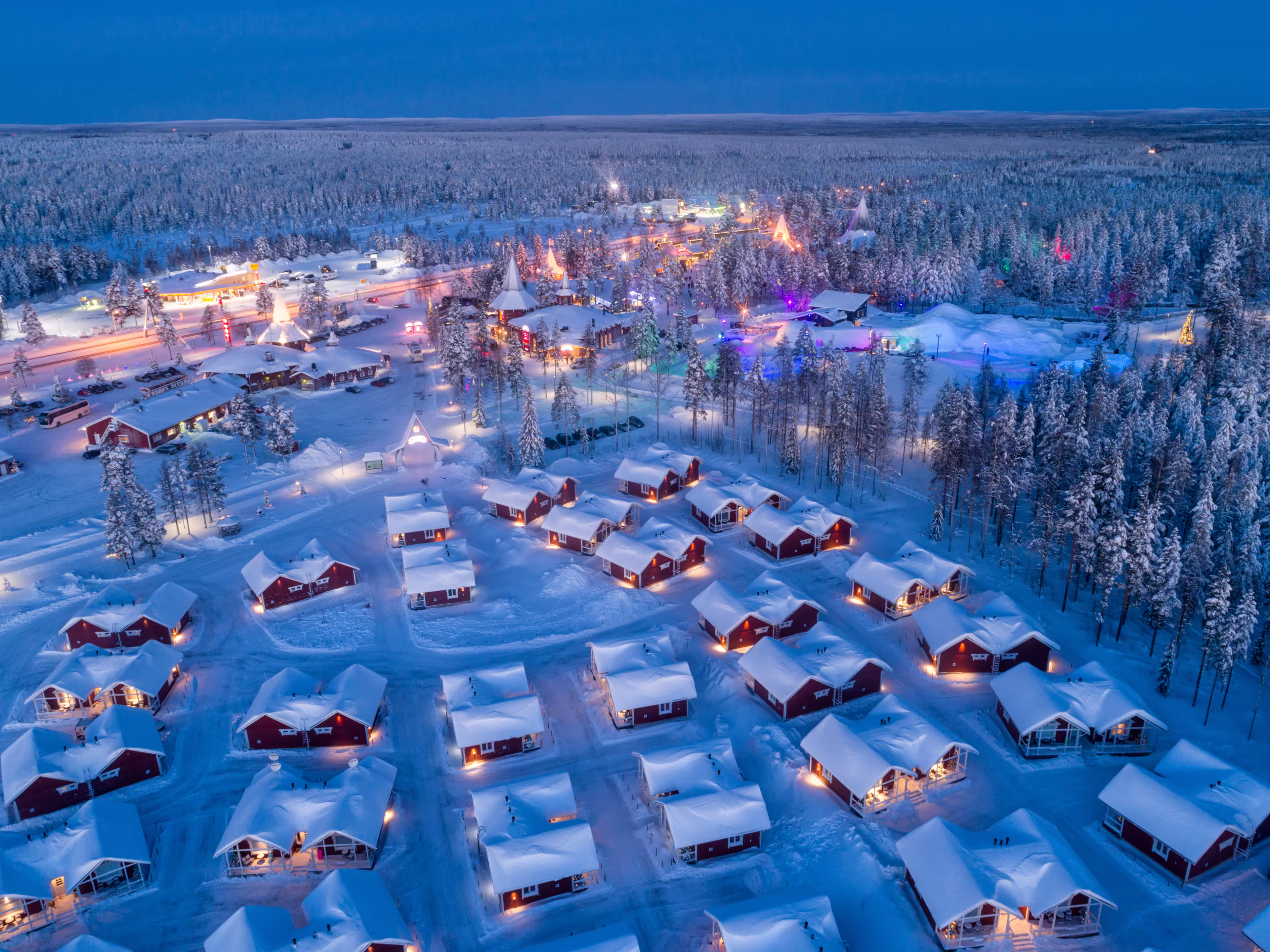 Aerial night view of Santa Claus Village in Rovaniemi in Lapland in Finland.