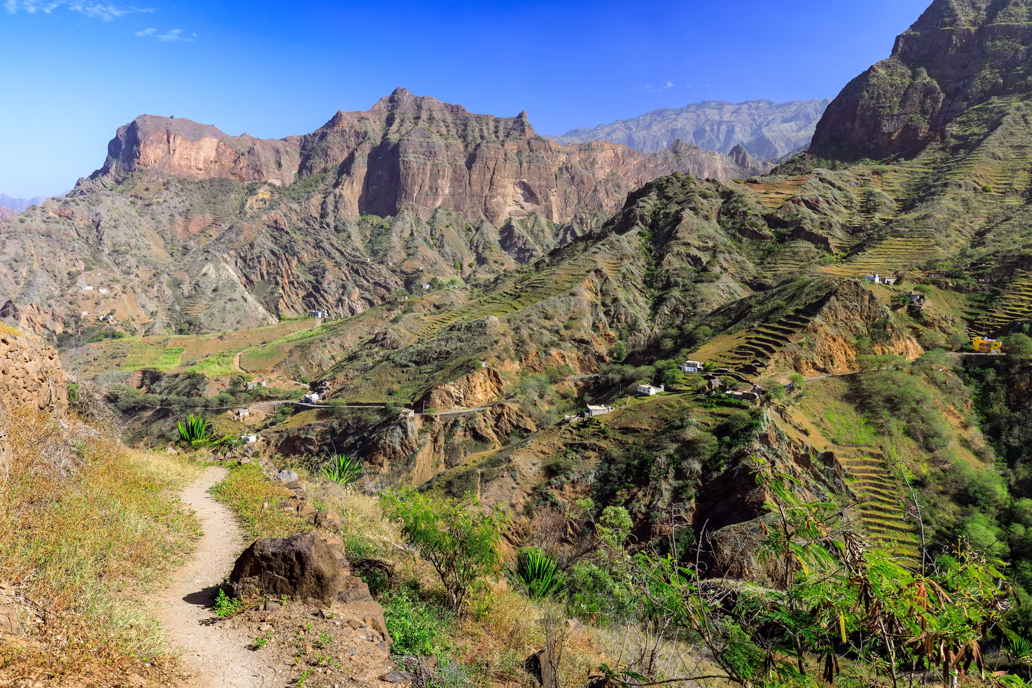 Hiking in the valley Riberira Grande, in the interior of the Island of Santo Antao, Cape Verde