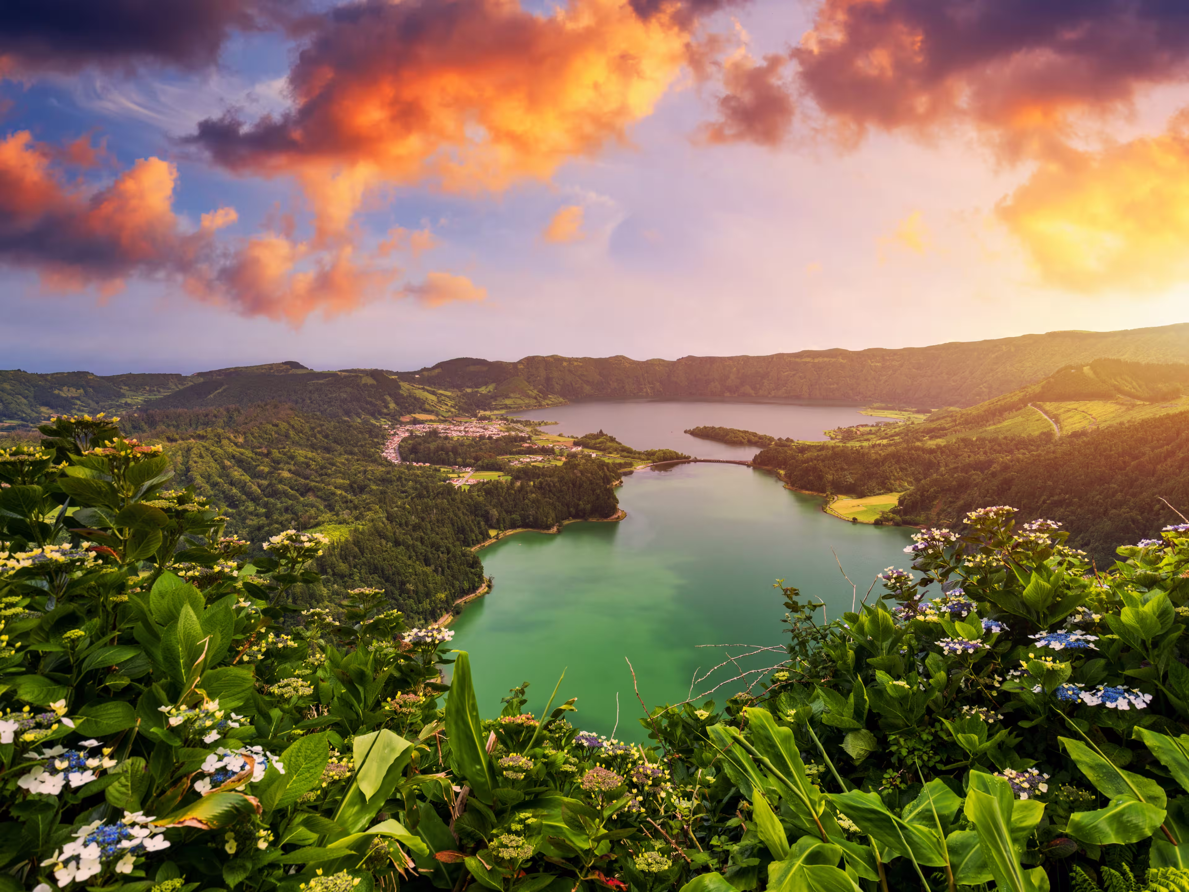 Beautiful view of Seven Cities Lake "Lagoa das Sete Cidades" from Vista do Rei viewpoint in São Miguel Island, Azores, Portugal. Lagoon of the Seven Cities, Sao Miguel island, Azores, Portugal.