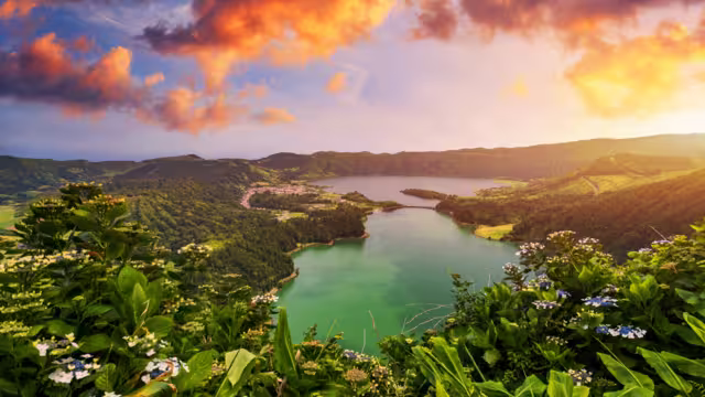 Beautiful view of Seven Cities Lake "Lagoa das Sete Cidades" from Vista do Rei viewpoint in São Miguel Island, Azores, Portugal. Lagoon of the Seven Cities, Sao Miguel island, Azores, Portugal.