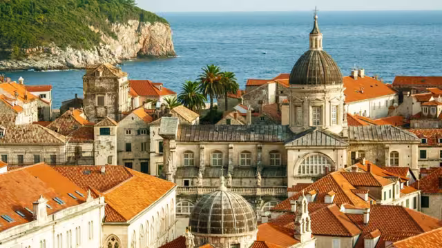 View of cathedral and surrounding architecture in old city of Dubrovnik, the location of Game Of Thrones, Croatia