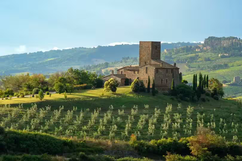 Orvieto, Umbria, Italy - July 13, 2014: this lovely spot is nearby Orvieto. The countryside all around shows vinegard and olive grove also wheat fields ready for the harvest. In the foreground an old "casale" with tower for watching. In the background on the right, the rock called "la rocca".