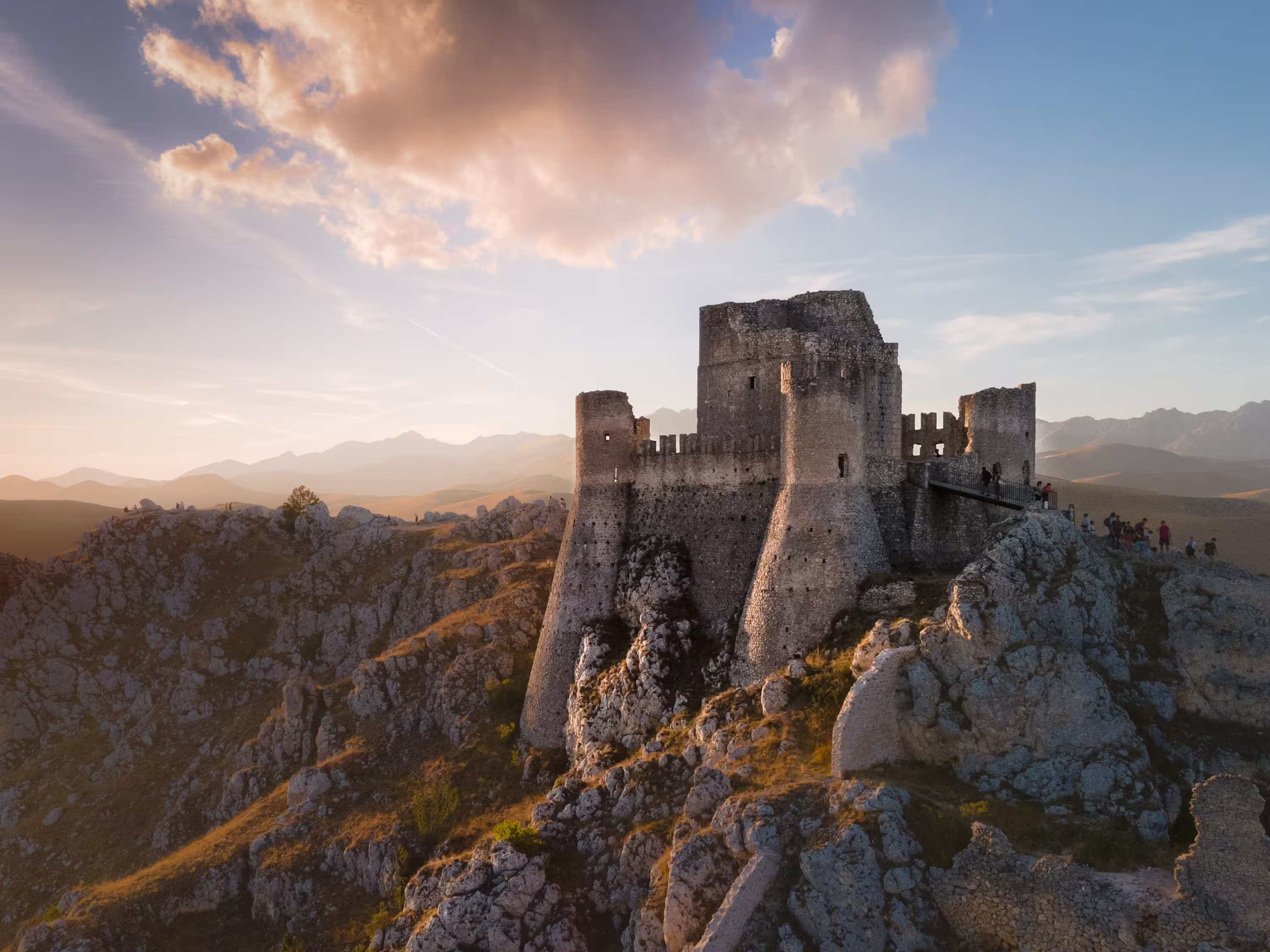 Italian medieval castle Rocca Calascio with sky and clouds