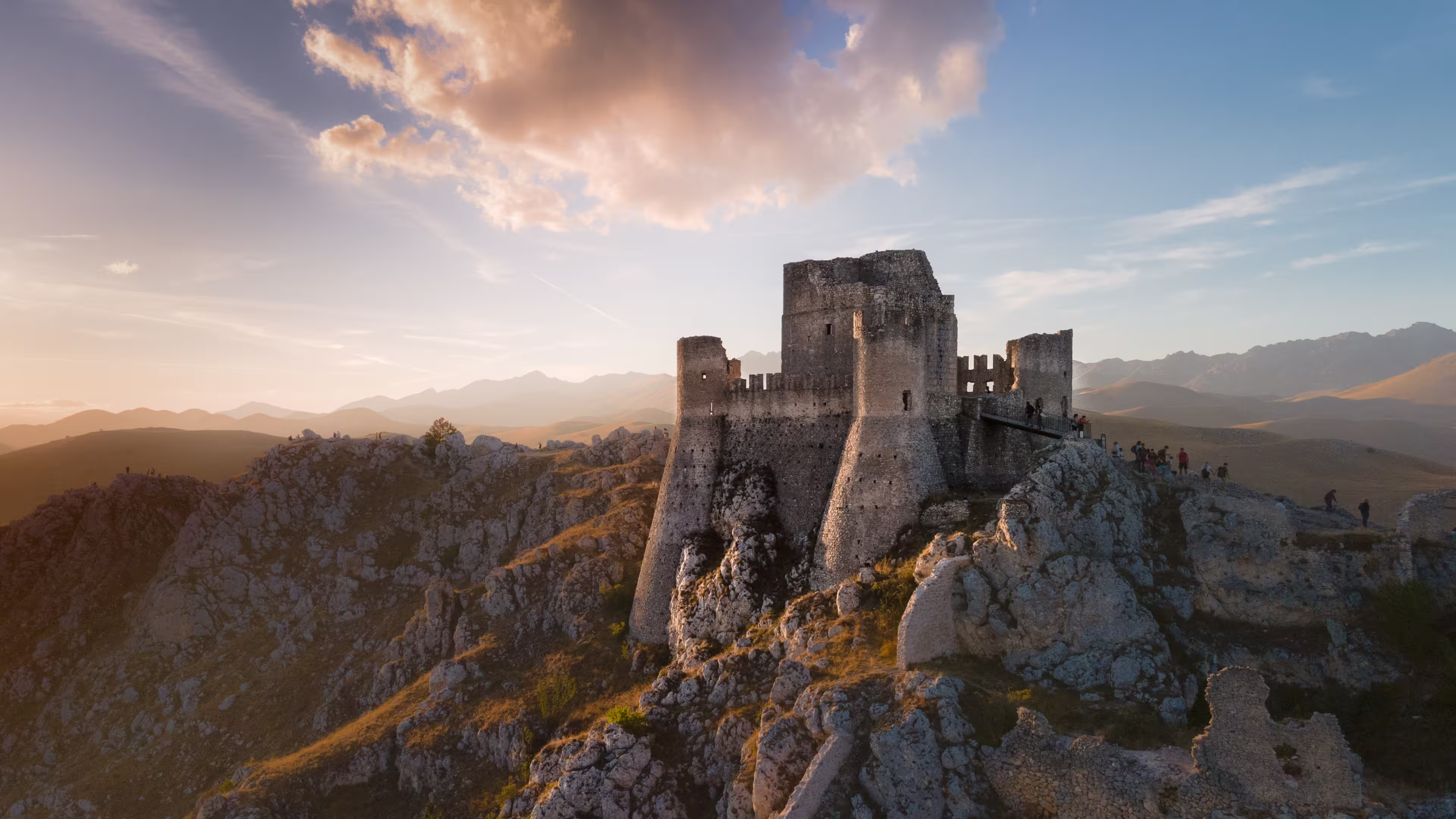 Italian medieval castle Rocca Calascio with sky and clouds
