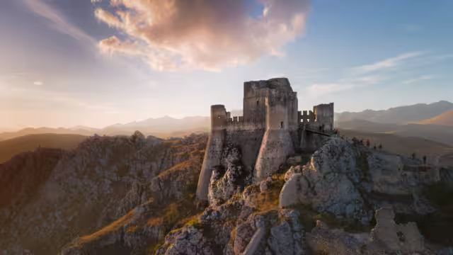 Italian medieval castle Rocca Calascio with sky and clouds