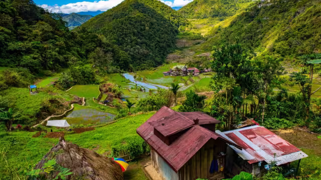 Iron sheet rooved homes of Bangaan village in foreground and distance in the midst of layered rice terraces