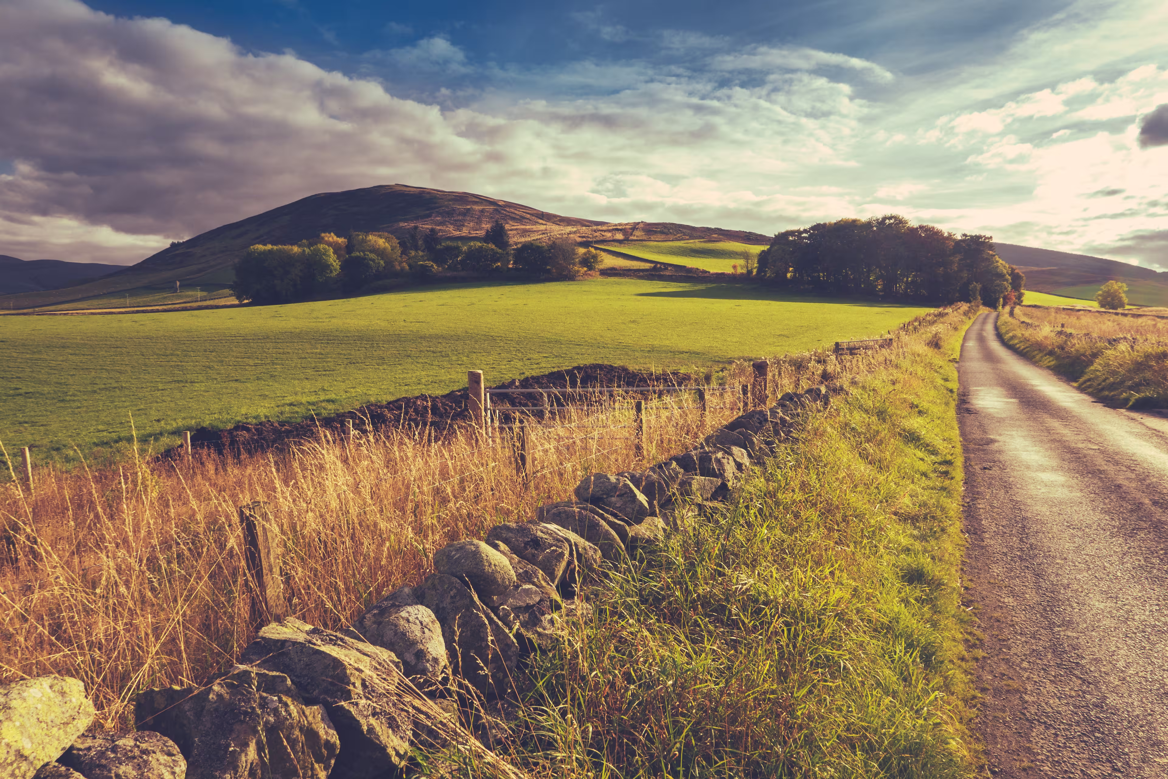 Country Road Or Lane And Dry Stone Wall Through Scottish Rural Lanscape At Dusk