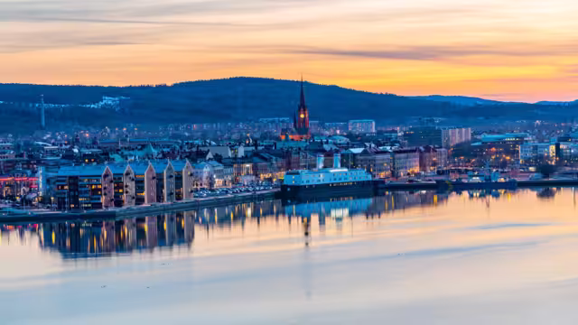Sunset aerial view of Swedish town Sundsvall
