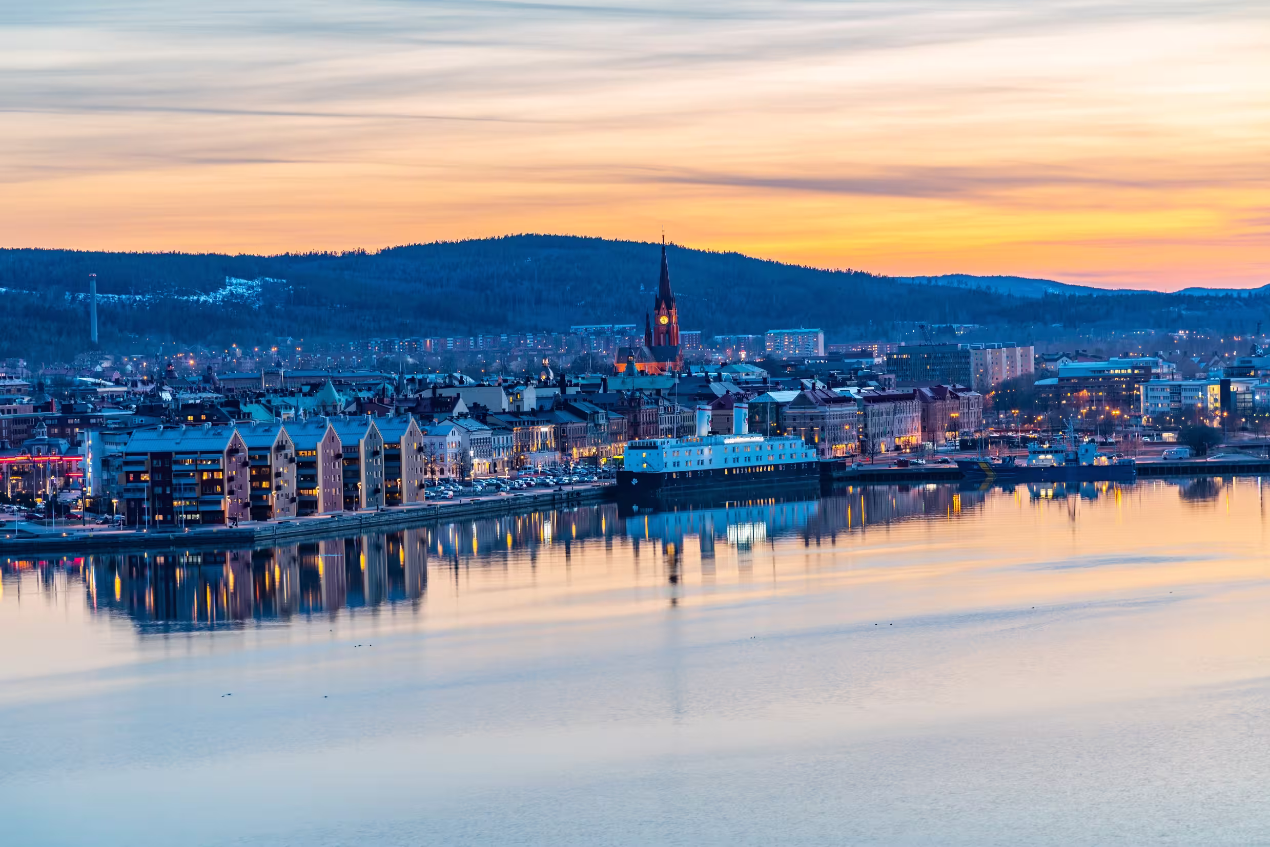 Sunset aerial view of Swedish town Sundsvall