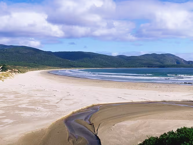 View of Cloudy Bay on a sunny day in Bruny Island, Tasmania, Australia