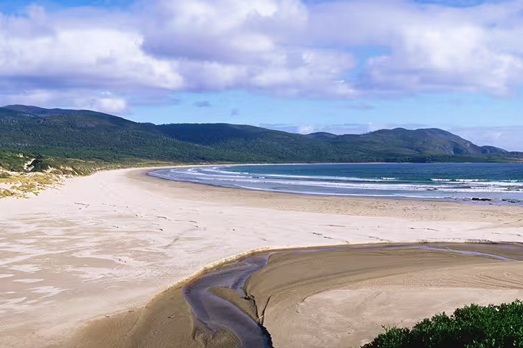 View of Cloudy Bay on a sunny day in Bruny Island, Tasmania, Australia