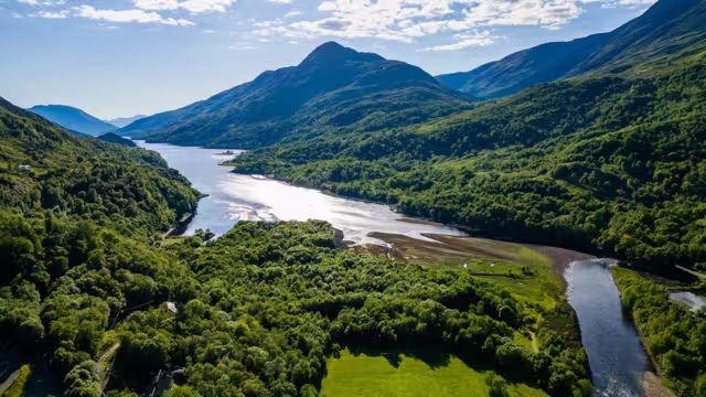 Aerial view of Kinlochleven and Loch Leven in the Scottish Highlands