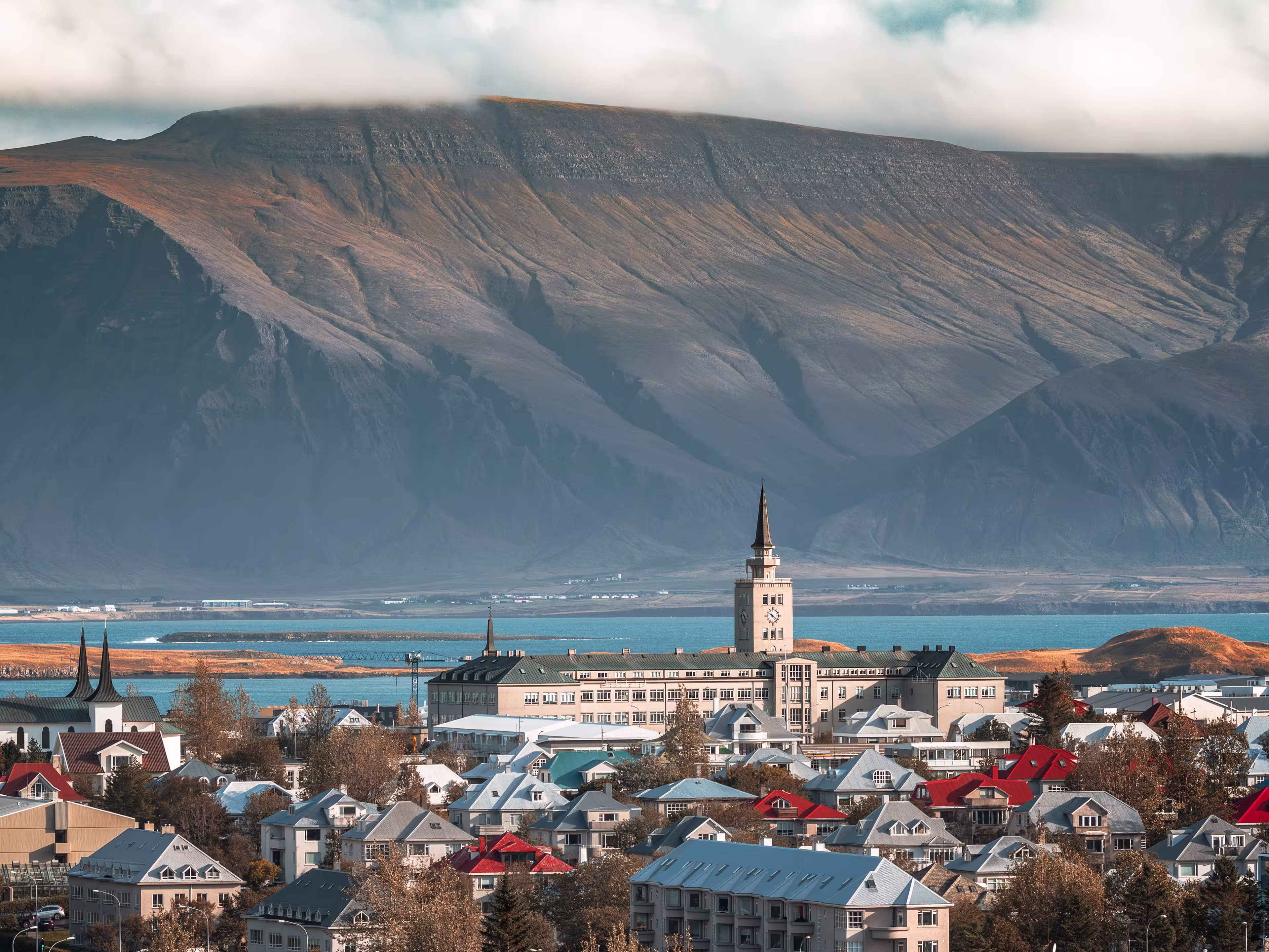 Reykjavík, the capital city of Iceland with the volcanic mountain range Esjan in the background