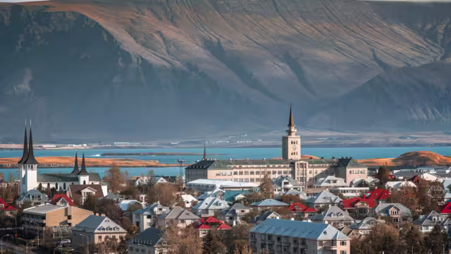 Reykjavík, the capital city of Iceland with the volcanic mountain range Esjan in the background