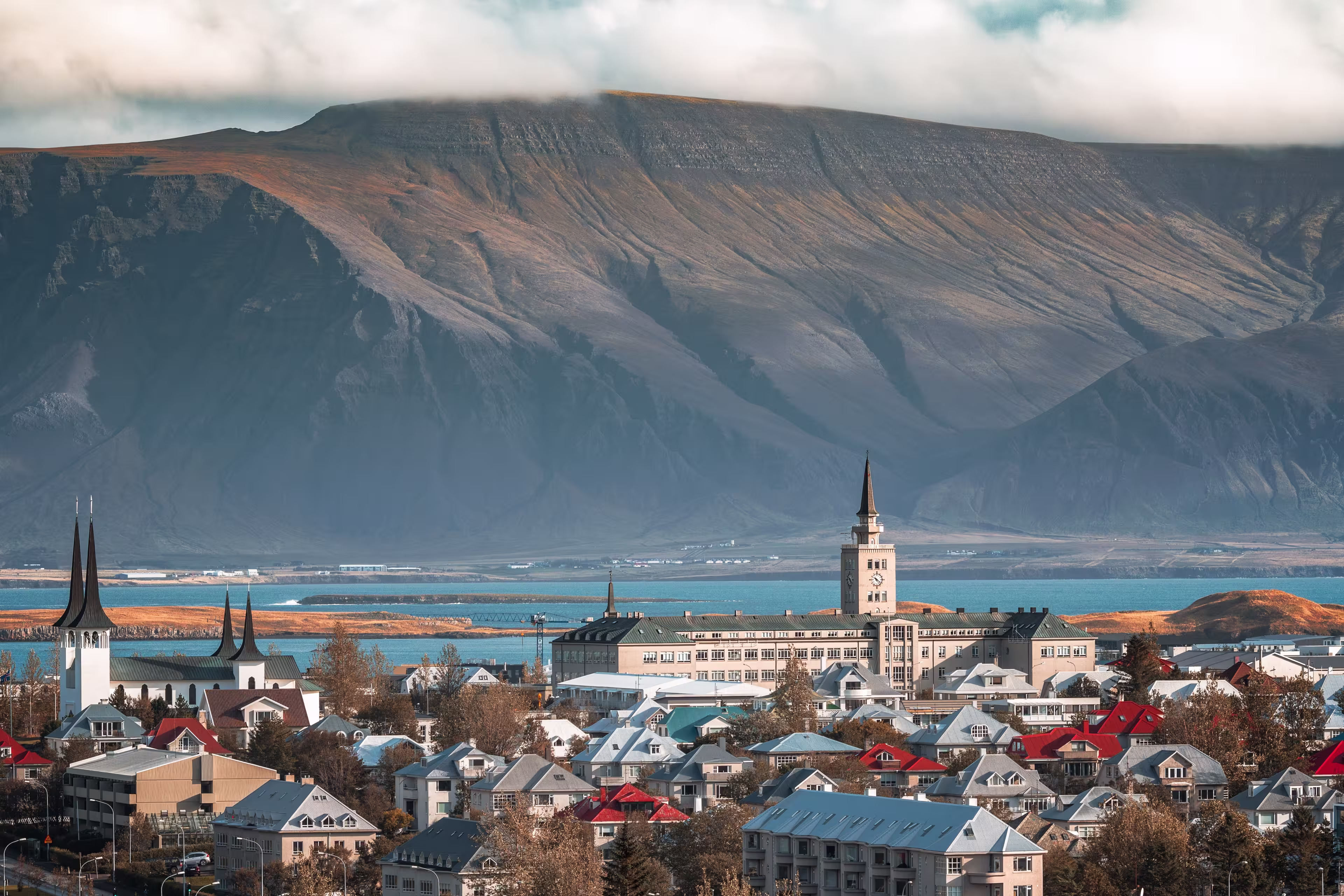 Reykjavík, the capital city of Iceland with the volcanic mountain range Esjan in the background