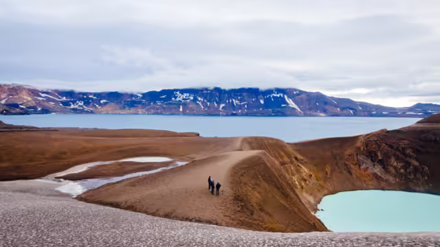 Giant volcano Askja offers a view at two crater lakes. The smaller, turquoise one is called Viti and contains warm geothermal water and is good for swimming.