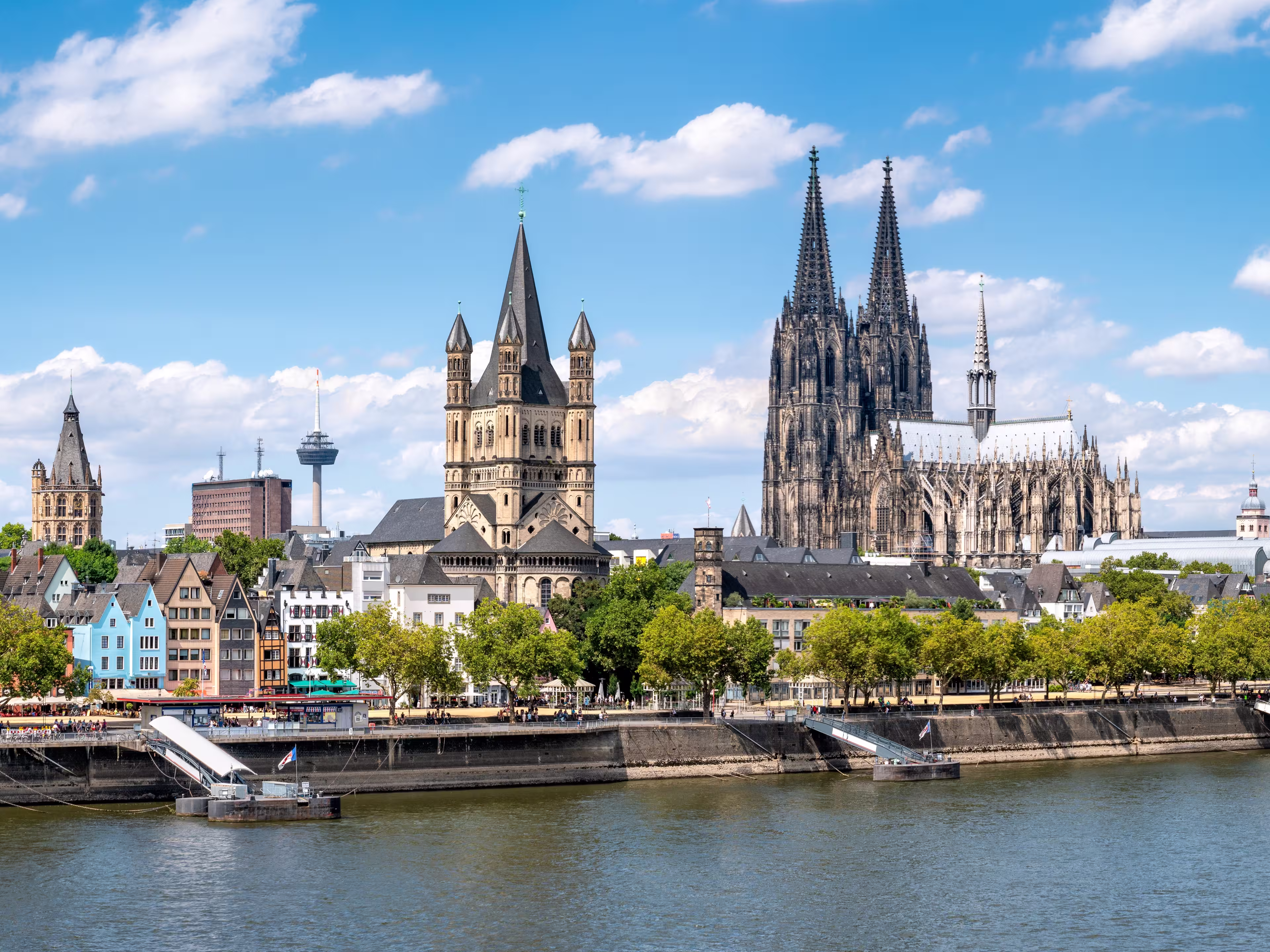 Cologne city skyline in summer with view of Cologne Cathedral and Rhine River, North Rhine-Westphalia, Germany
