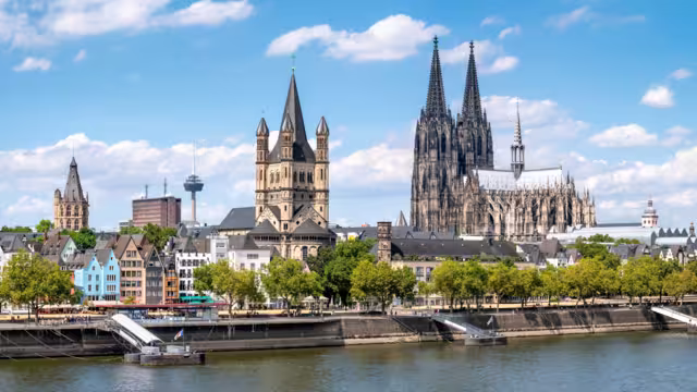Cologne city skyline in summer with view of Cologne Cathedral and Rhine River, North Rhine-Westphalia, Germany