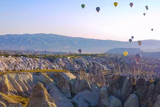 Turkey, Cappadocia, view with hot air balloons