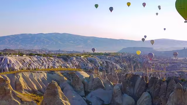 Turkey, Cappadocia, view with hot air balloons