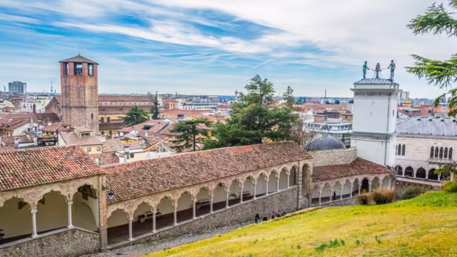 Aerial view of Udine with an arcade leading to the castle, Italy.