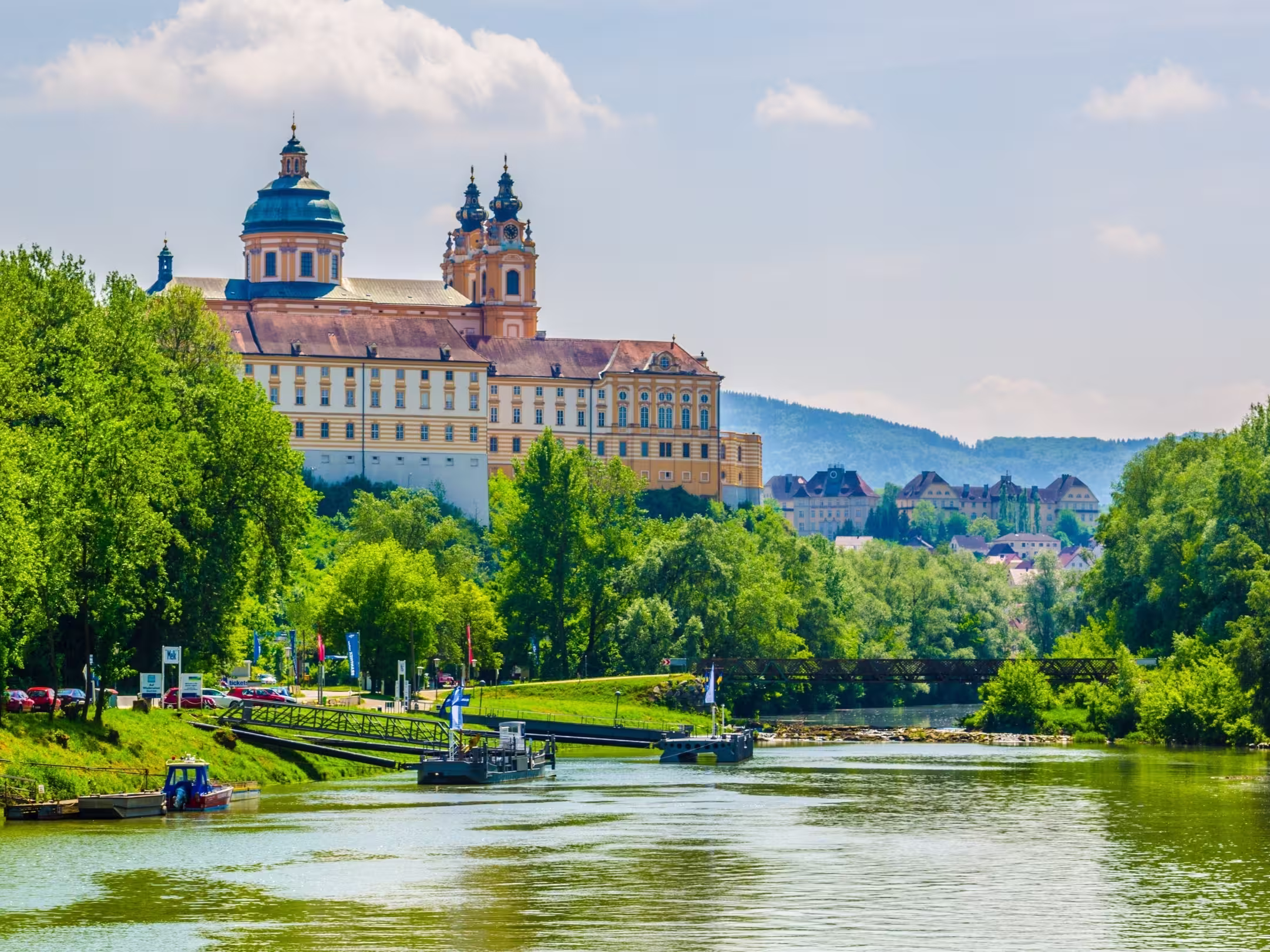 View of the melk abbey in austria from a boat deck