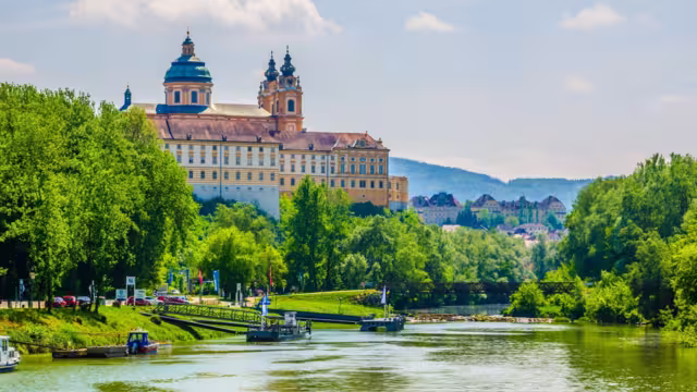 View of the melk abbey in austria from a boat deck