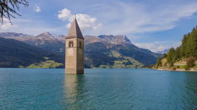 Sunken Church Tower In The Lake Lago di Resia Italy