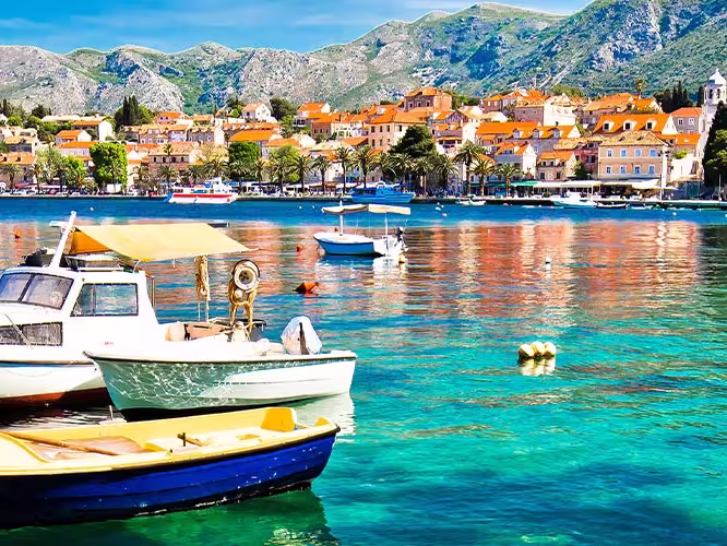 View of Cavtat waterfront and surrounding boats, Croatia