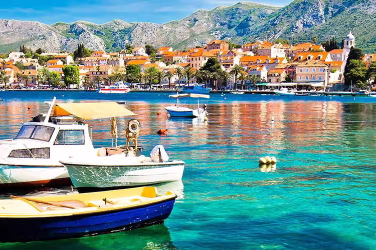 View of Cavtat waterfront and surrounding boats, Croatia