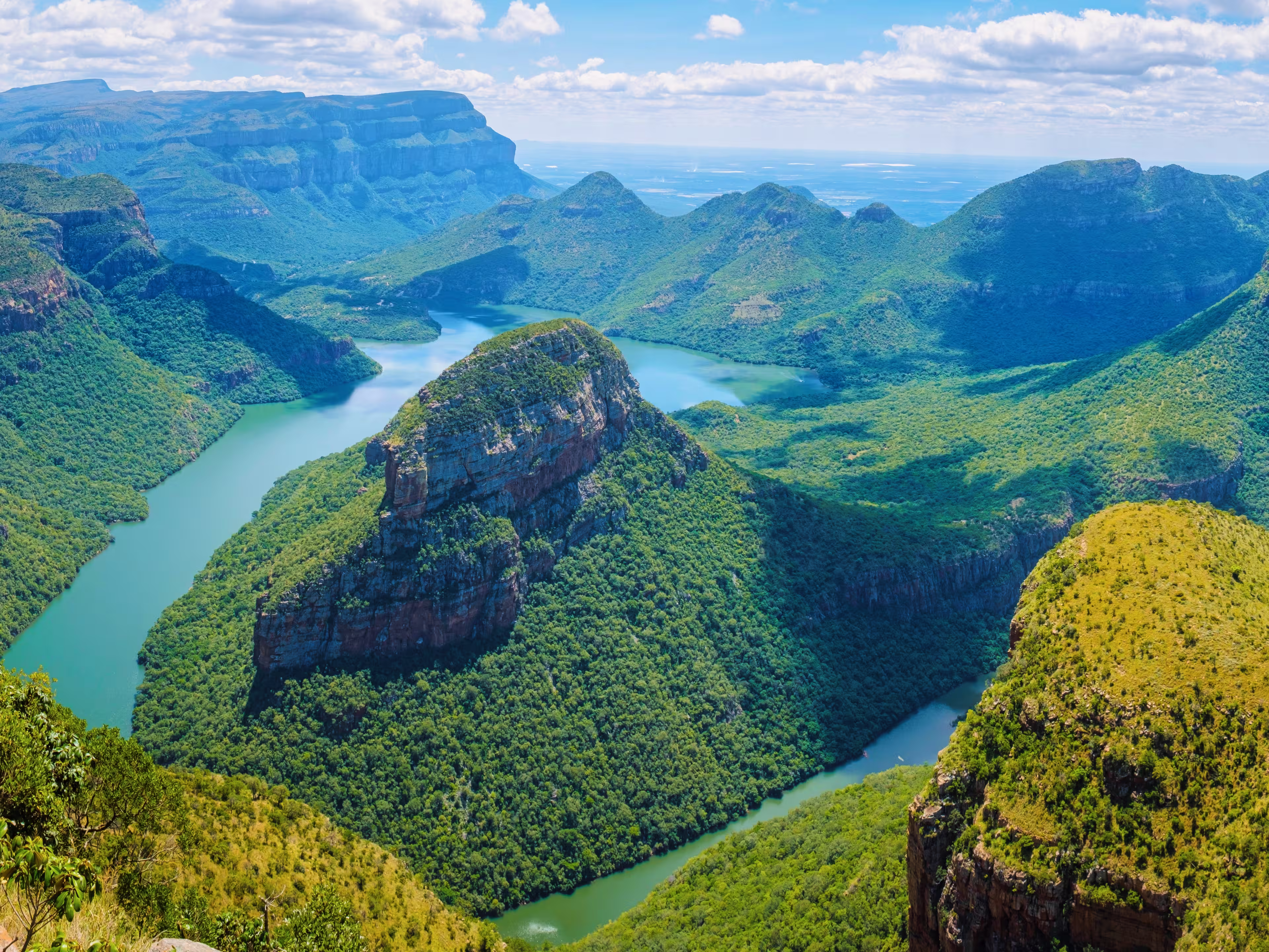 Panorama Route South Africa, Blyde river canyon with the three rondavels, impressive view of three rondavels and the Blyde river canyon in South Africa.