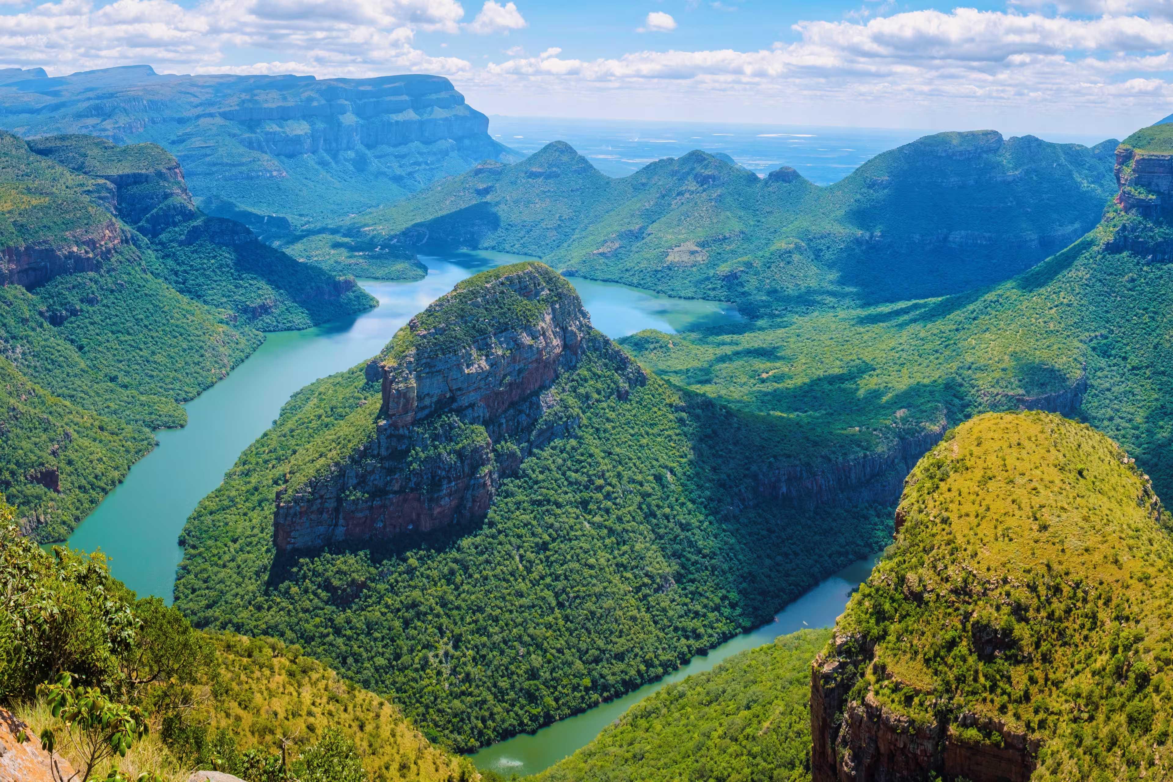 Panorama Route South Africa, Blyde river canyon with the three rondavels, impressive view of three rondavels and the Blyde river canyon in South Africa.