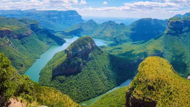 Panorama Route South Africa, Blyde river canyon with the three rondavels, impressive view of three rondavels and the Blyde river canyon in South Africa.