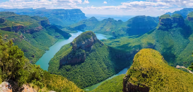 Panorama Route South Africa, Blyde river canyon with the three rondavels, impressive view of three rondavels and the Blyde river canyon in South Africa.