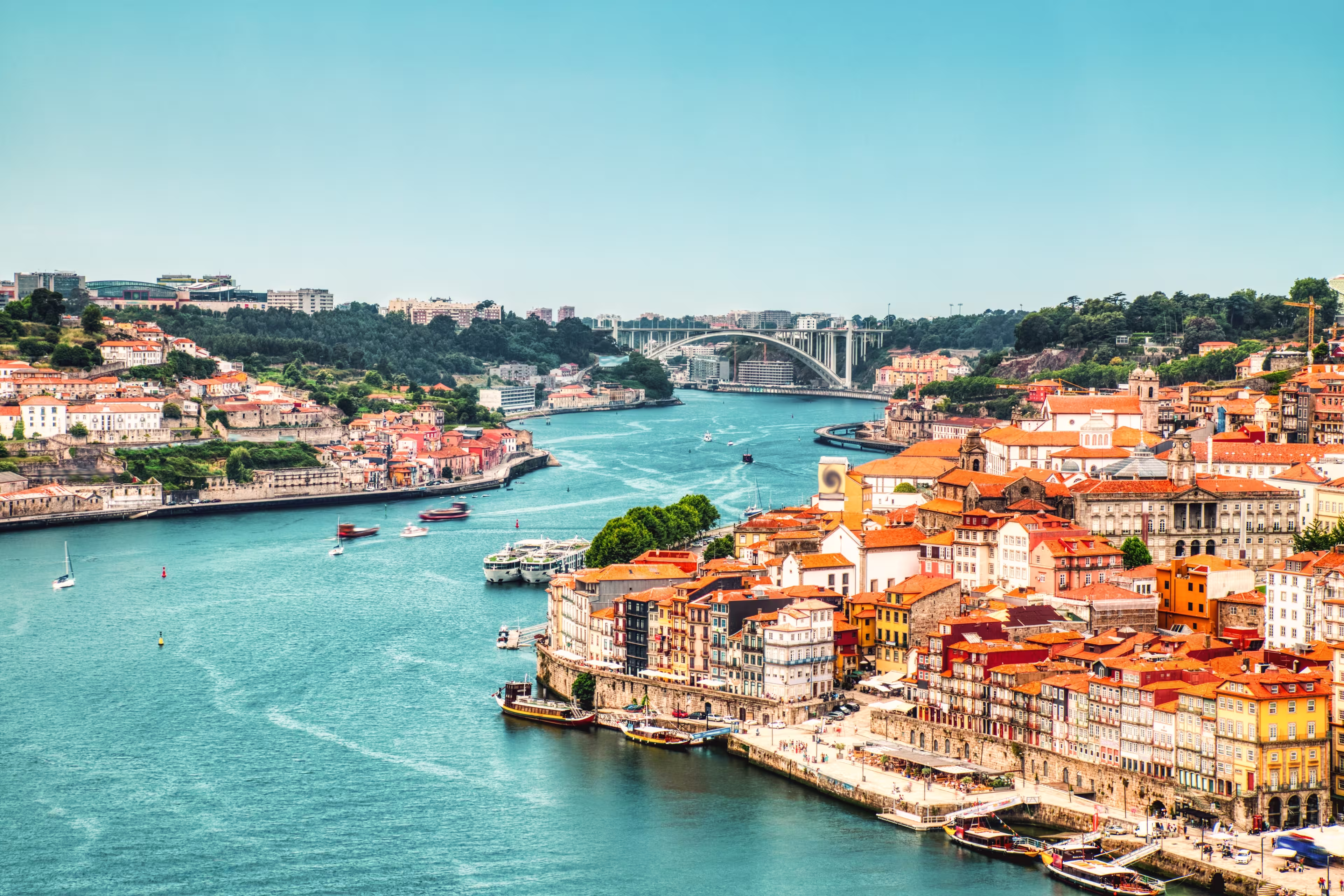 Porto Aerial Cityscape over Douro River during a Sunny Day, Portugal
