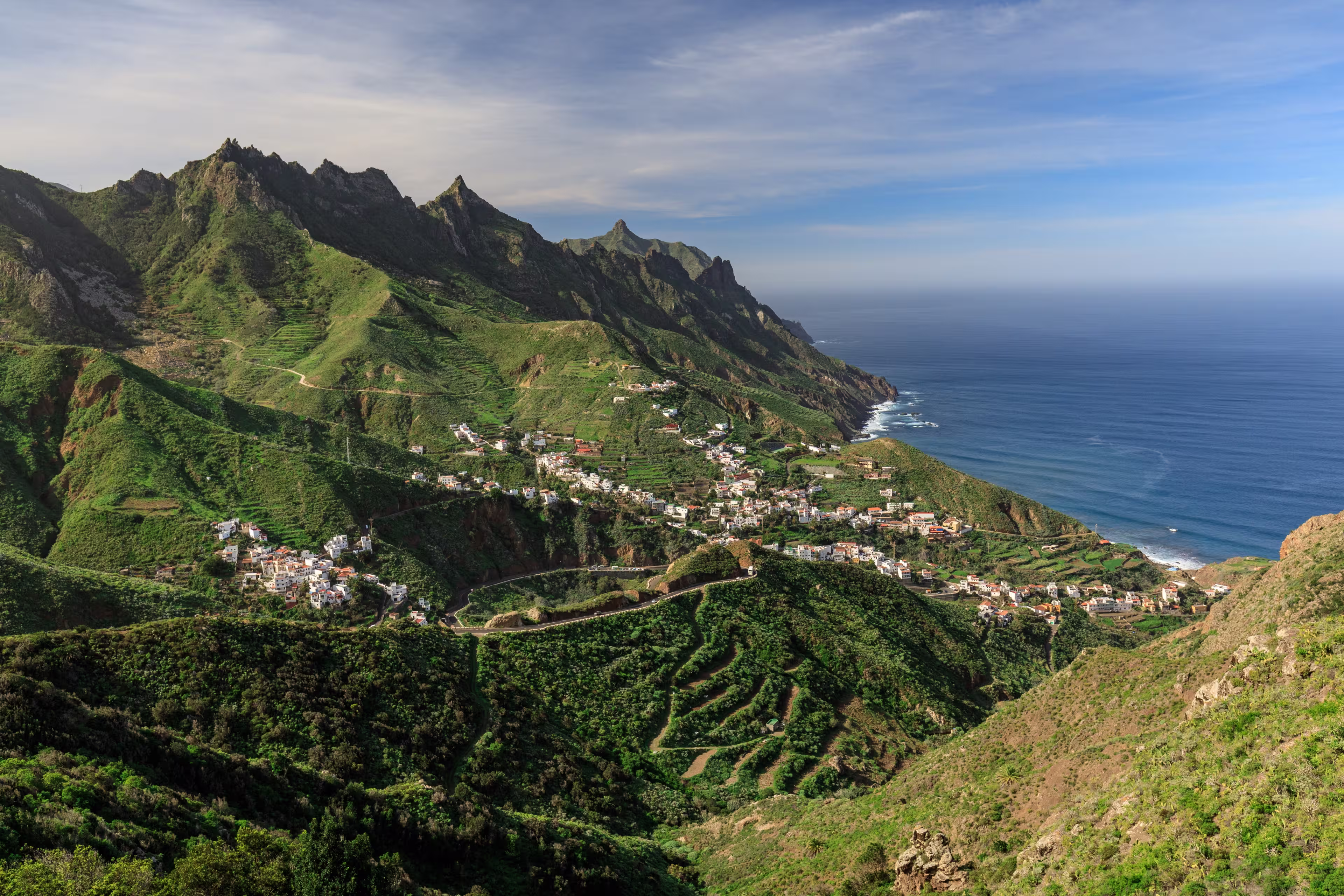 Panoramic view at the Azanos and Taganana from Mirador Risco Amogoje in Anaga Rural Park on Tenerife, Spain