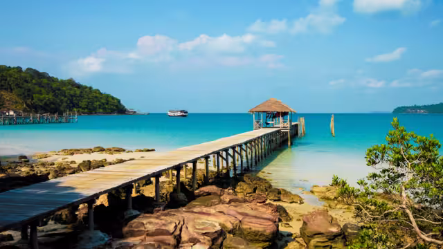 Pier at the beautiful white sand beach on this holiday island, saracen bay, koh rong sanloem island, sihanoukville, cambodia, indochina, southeast asia, asia
