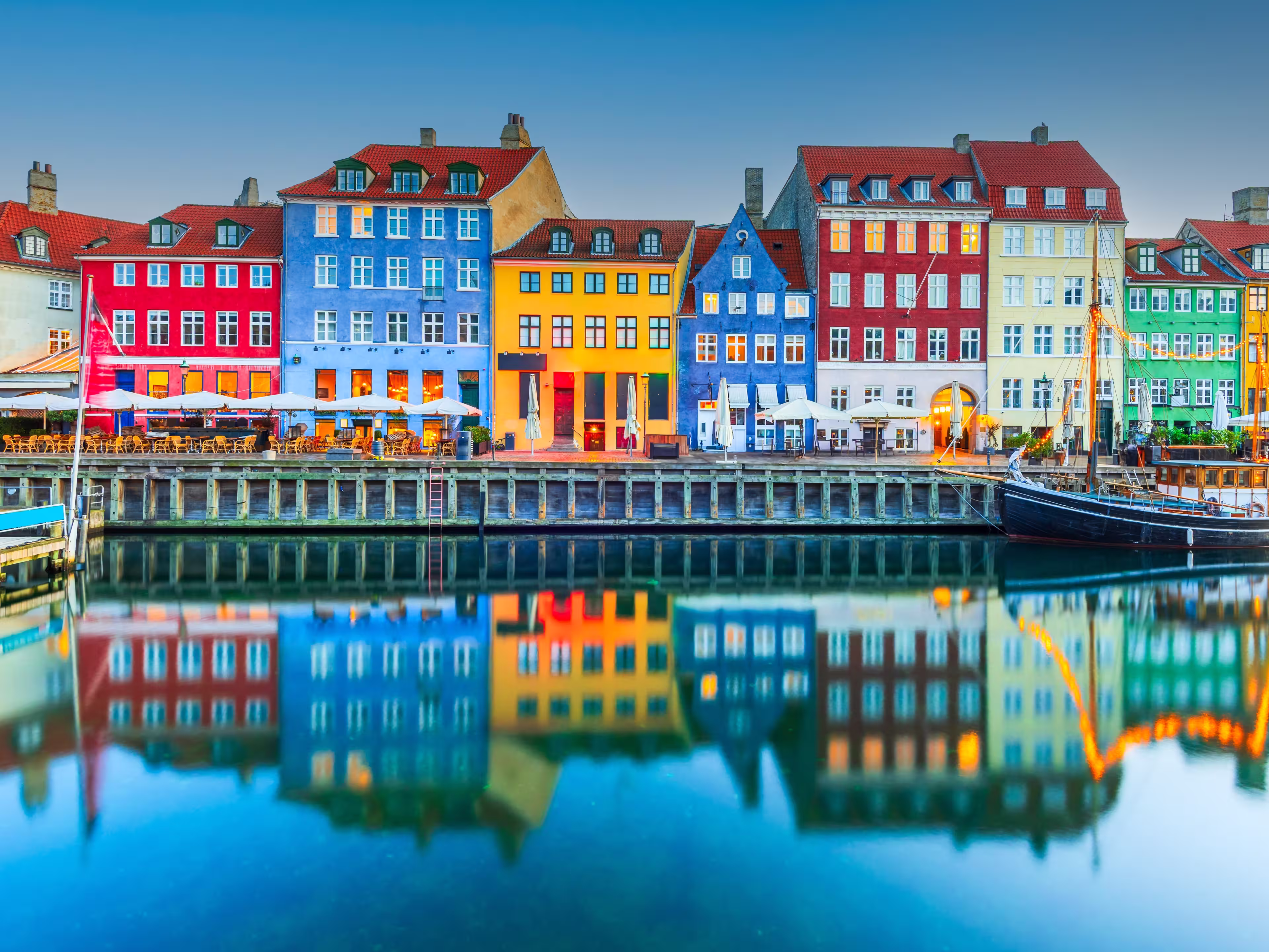 Copenhagen, Denmark. Nyhavn, water canal reflections in the morning