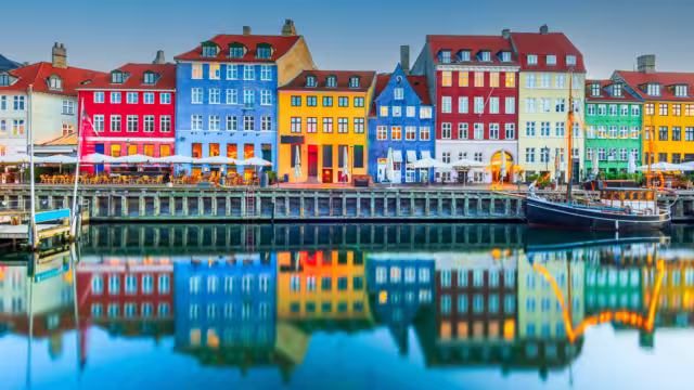 Copenhagen, Denmark. Nyhavn, water canal reflections in the morning