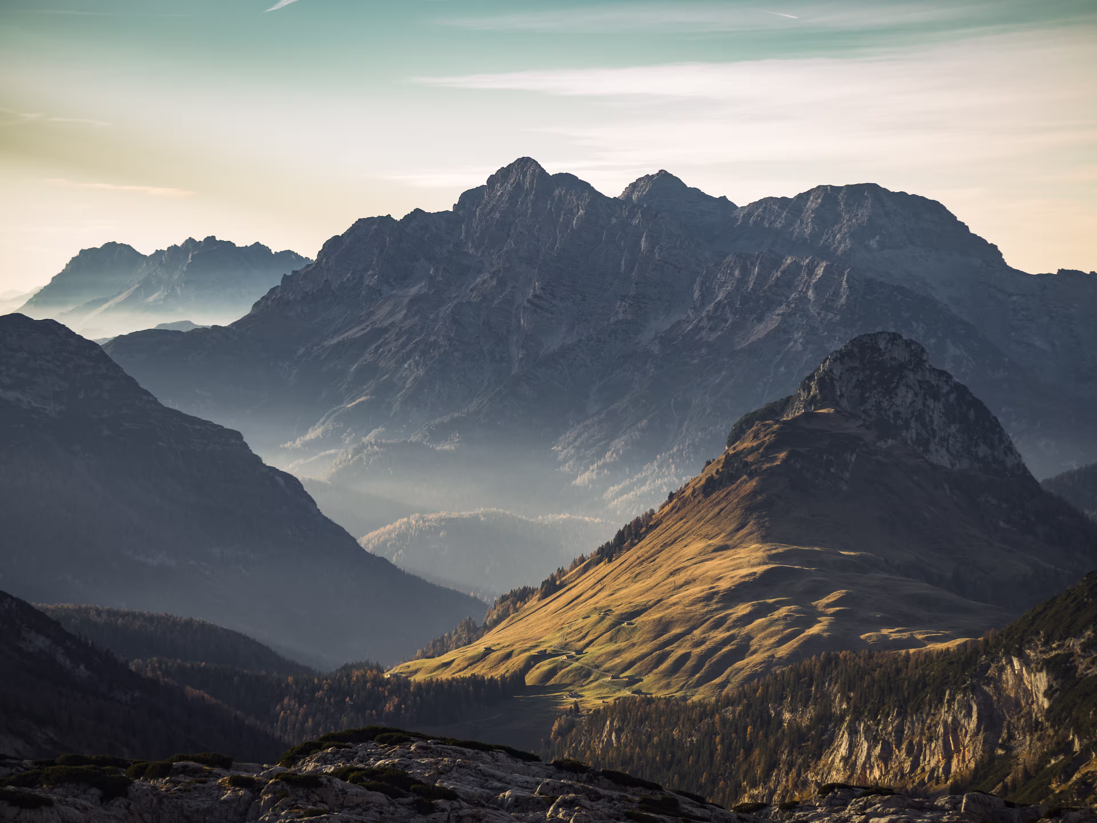 View of the Austrian mountains 'Loferer Steinberge' in the warm evening light