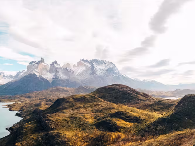 Panorama of the mountains in Torres del Paine National Park, Chile
