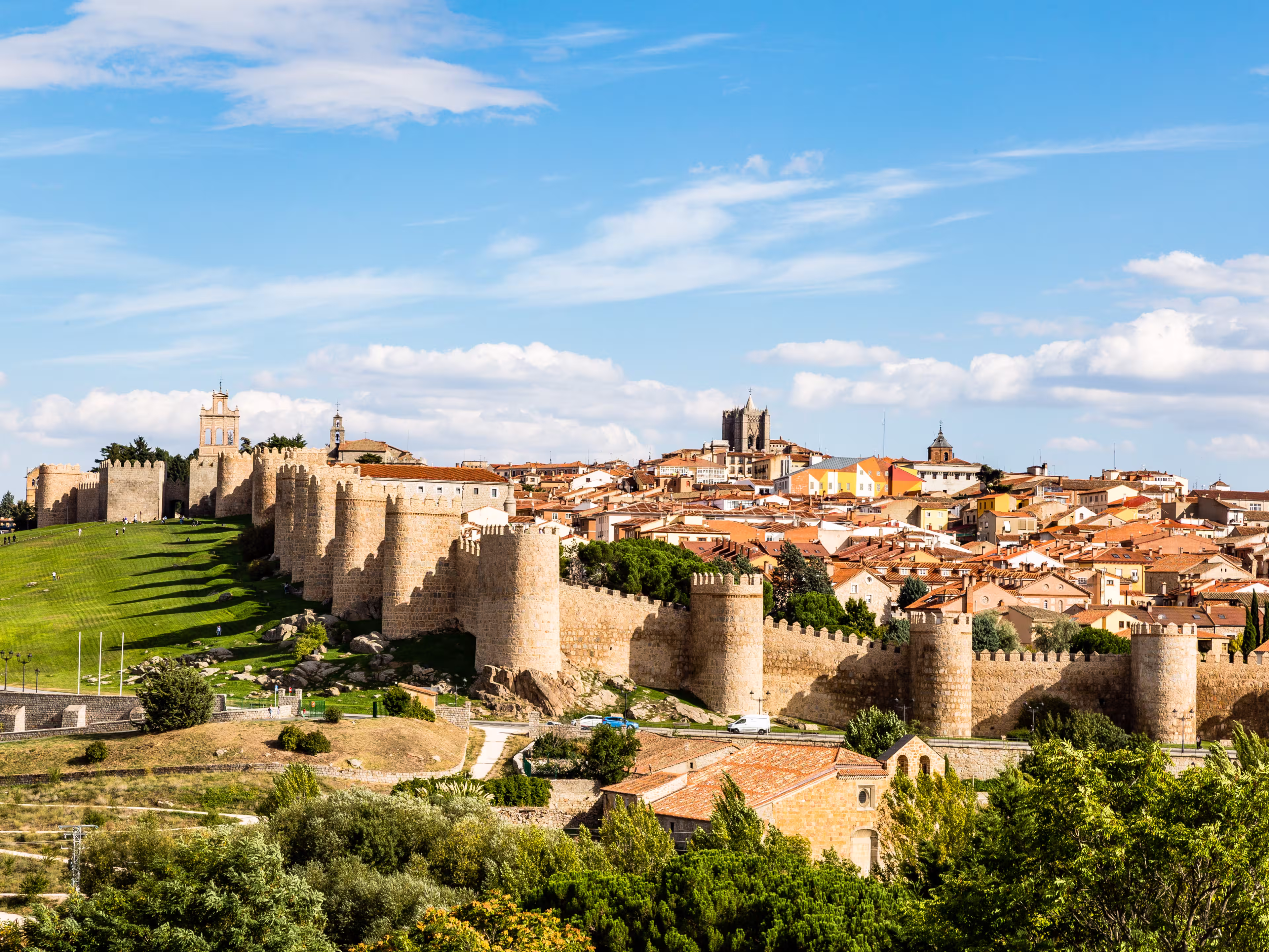 Panoramic view of the historic city of Avila from the Mirador of Cuatro Postes, Spain, with its famous medieval town walls. UNESCO World Heritage. Called the Town of Stones and Saints