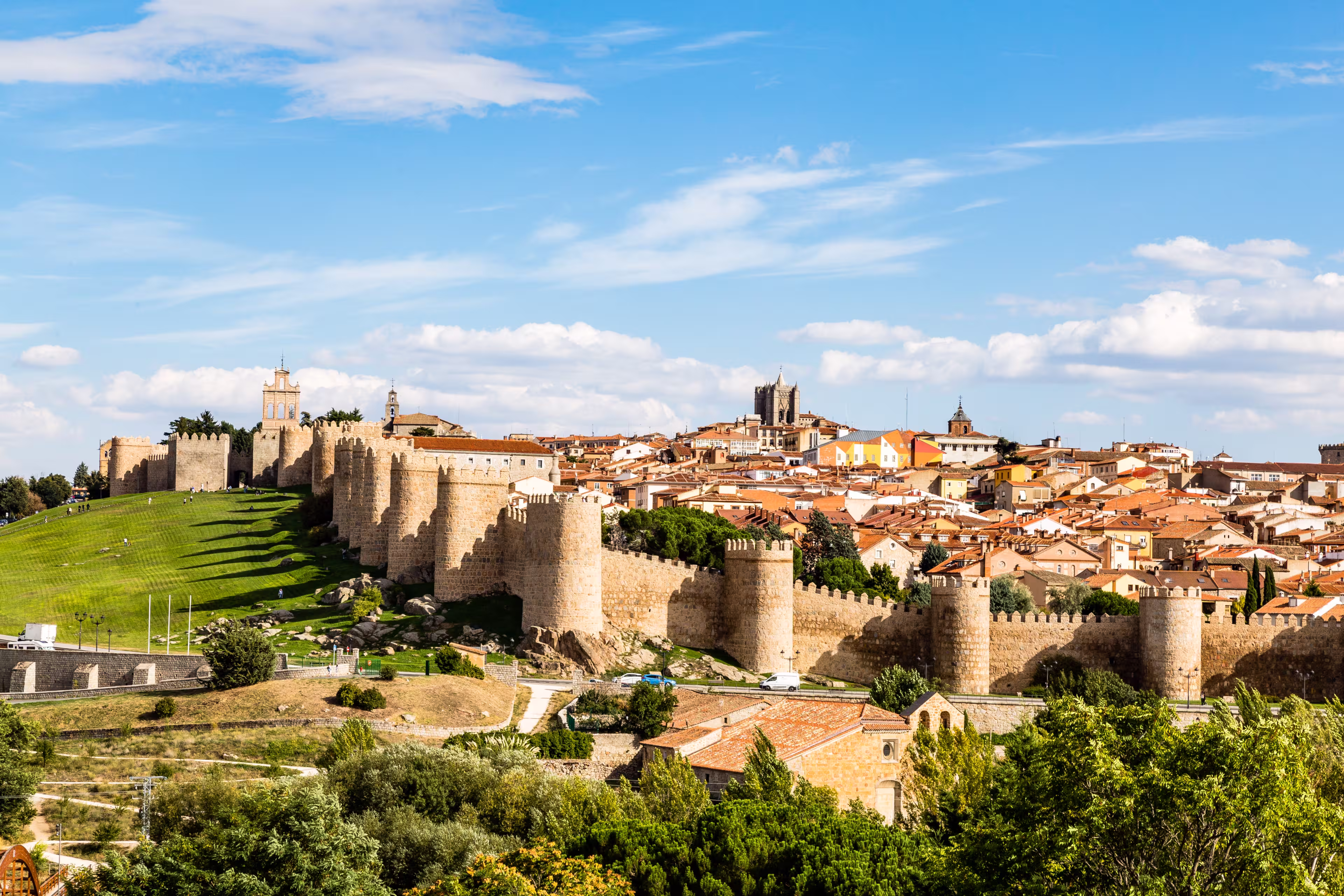 Panoramic view of the historic city of Avila from the Mirador of Cuatro Postes, Spain, with its famous medieval town walls. UNESCO World Heritage. Called the Town of Stones and Saints