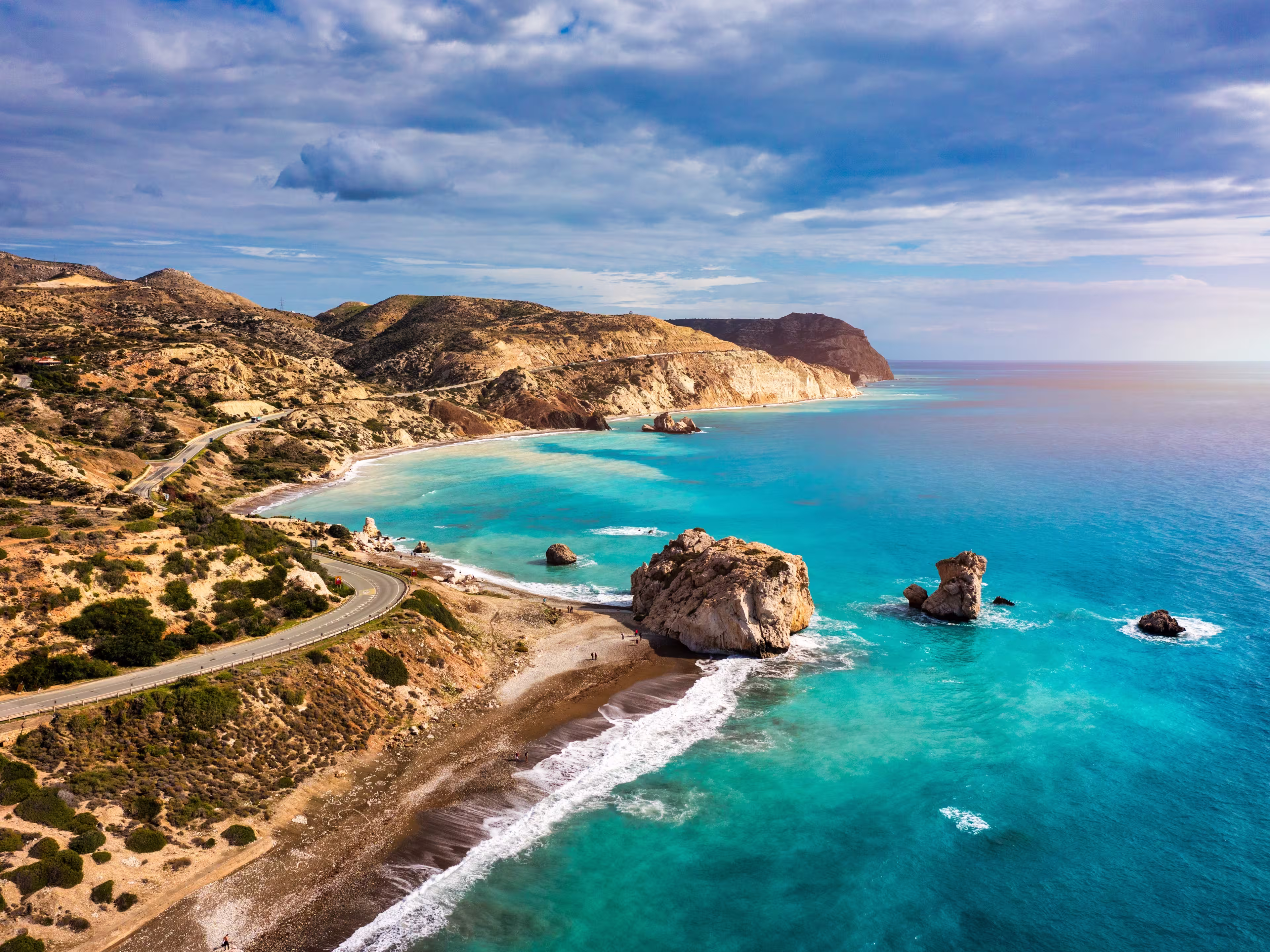 Petra tou Romiou (Aphrodite's Rock) the birthplace of Aphrodite, Paphos, Cyprus. Aerial view of Petra tou Romiou, aka Aphrodite's rock a famous tourist travel destination landmark in Paphos, Cyprus.
