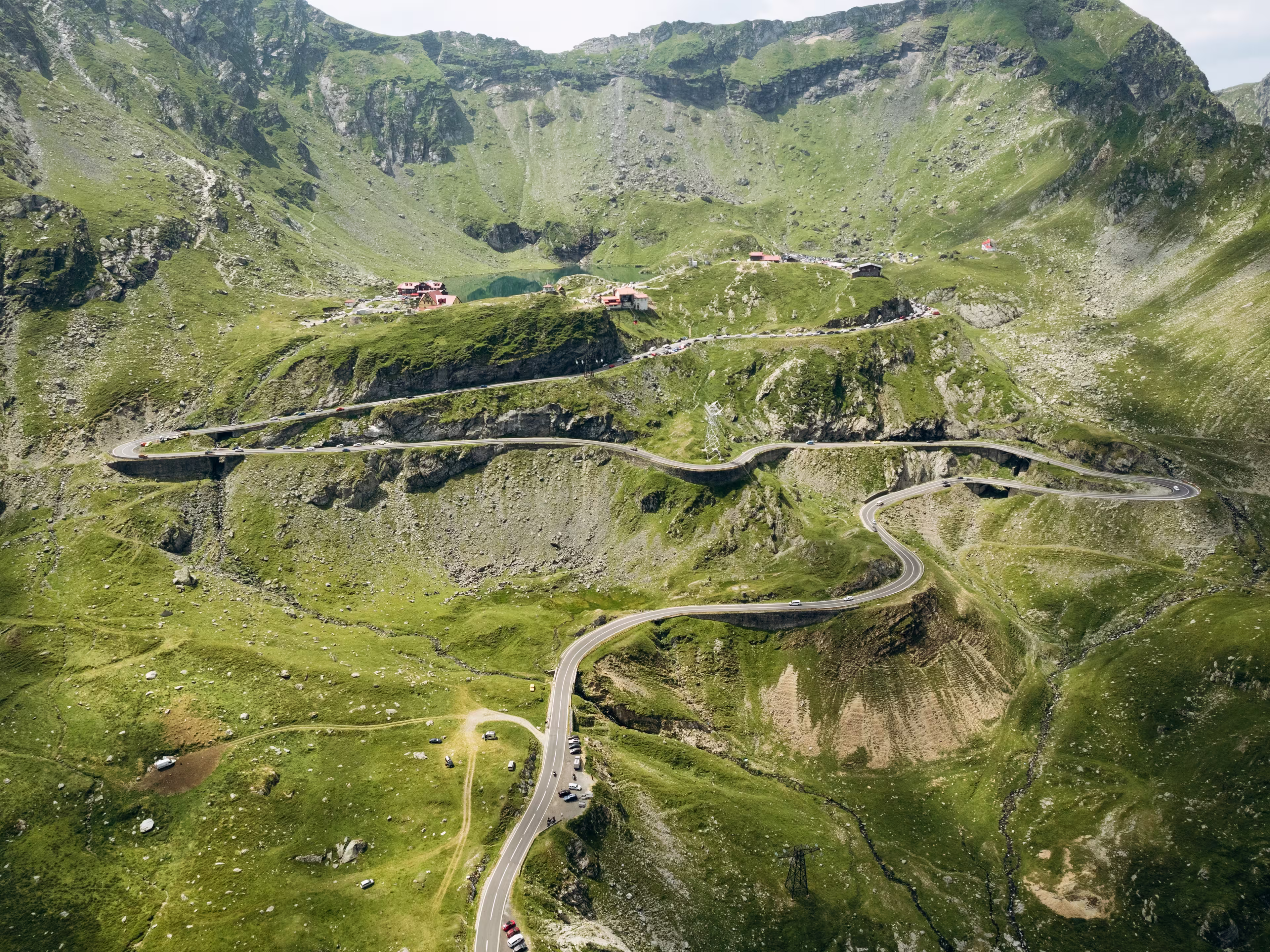 Transfagarasan famous curvy road in Romania. Aerial view of Transfagarasan road in Fagaras Mountain.