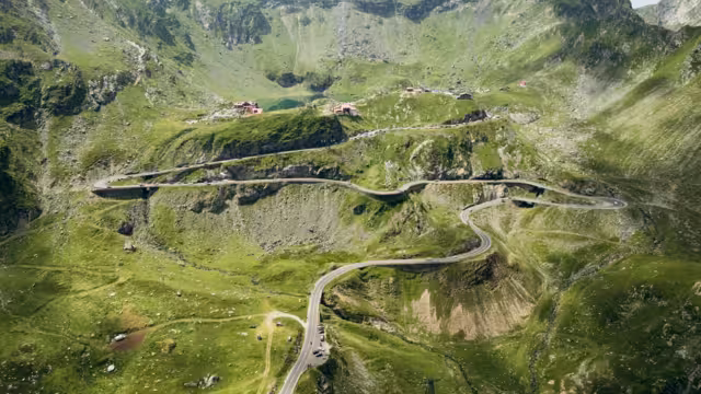 Transfagarasan famous curvy road in Romania. Aerial view of Transfagarasan road in Fagaras Mountain.