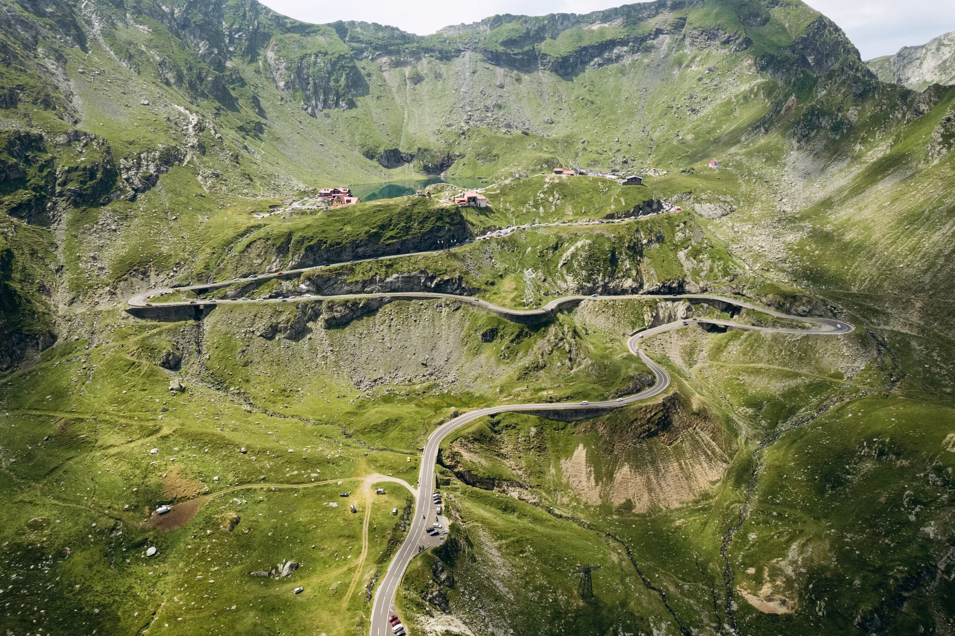 Transfagarasan famous curvy road in Romania. Aerial view of Transfagarasan road in Fagaras Mountain.