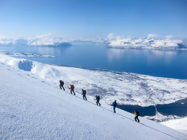 A group of people randonee ski walking high above the fjords. Lyngen Alps, Norway